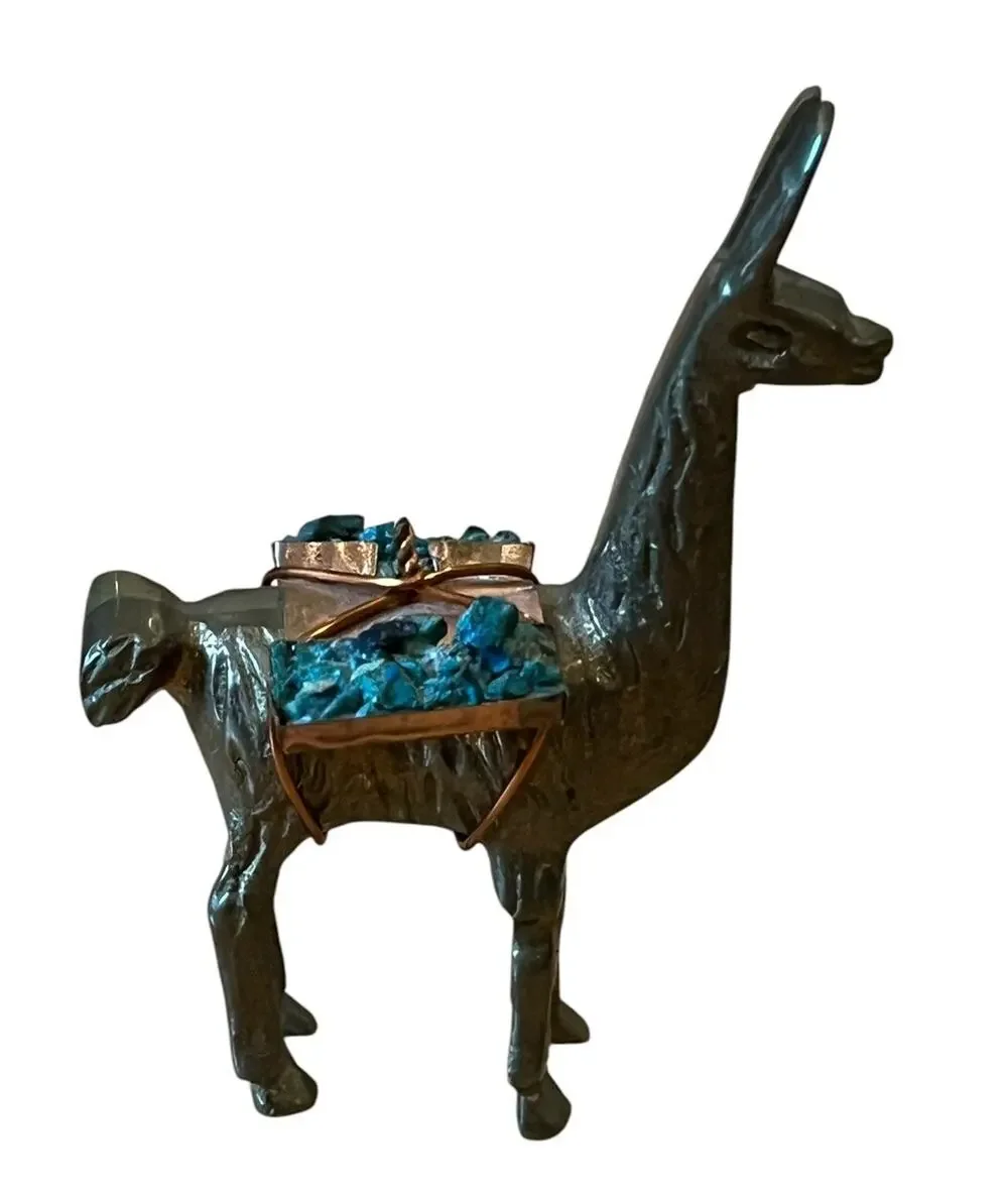 1970's VTG BRASS Llama Alpaca Figurine with Turquoise Cargo Packs COPPER Saddle